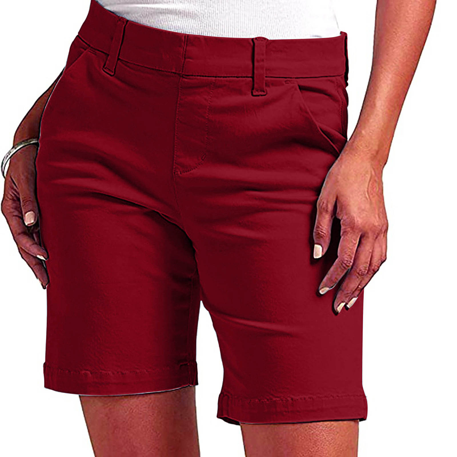Blmnix Red Shorts for Women Dressy Spring Solid High Pocket Polyester Plus Size Bermuda Stretchy Pants for Girl